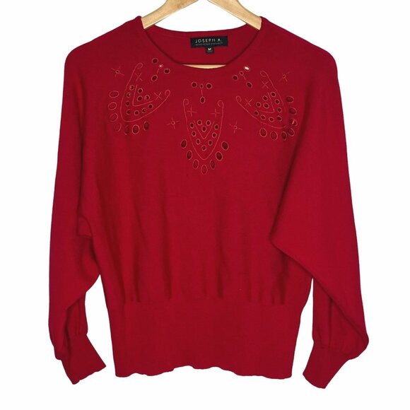 Joseph A Red Embellished Sweater Medium Crewneck Knit Top Holiday Winter - Picture 1 of 8